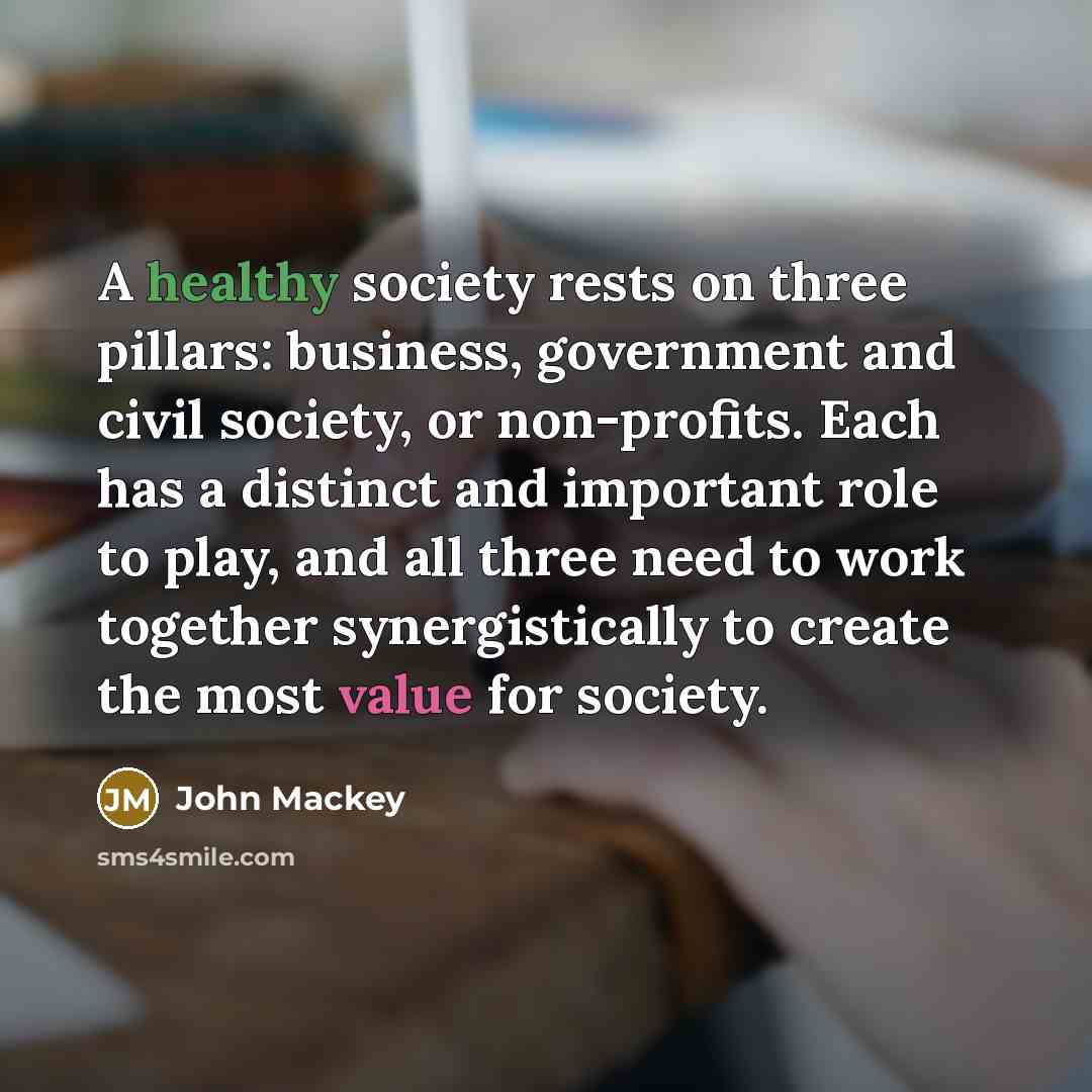 “A healthy society rests on three pillars: business, government and civil society, or non-profits. Each has a distinct and important role to play, and all three need to work together synergistically to create the most value for society.” quote by John Mackey