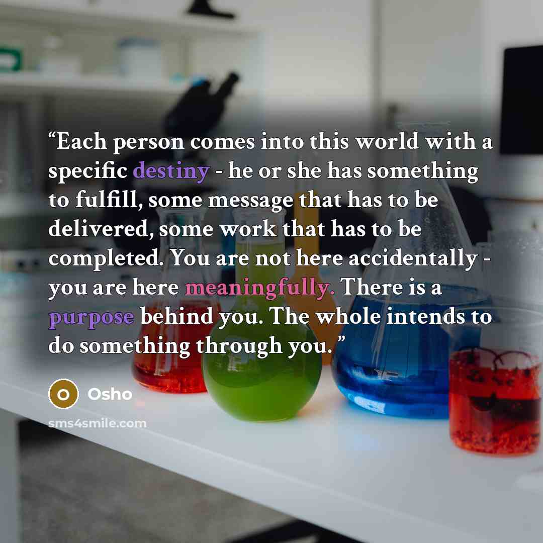 “Each person comes into this world with a specific destiny - he or she has something to fulfill, some message that has to be delivered, some work that has to be completed. You are not here accidentally - you are here meaningfully. There is a purpose behind you. The whole intends to do something…” quote by Osho