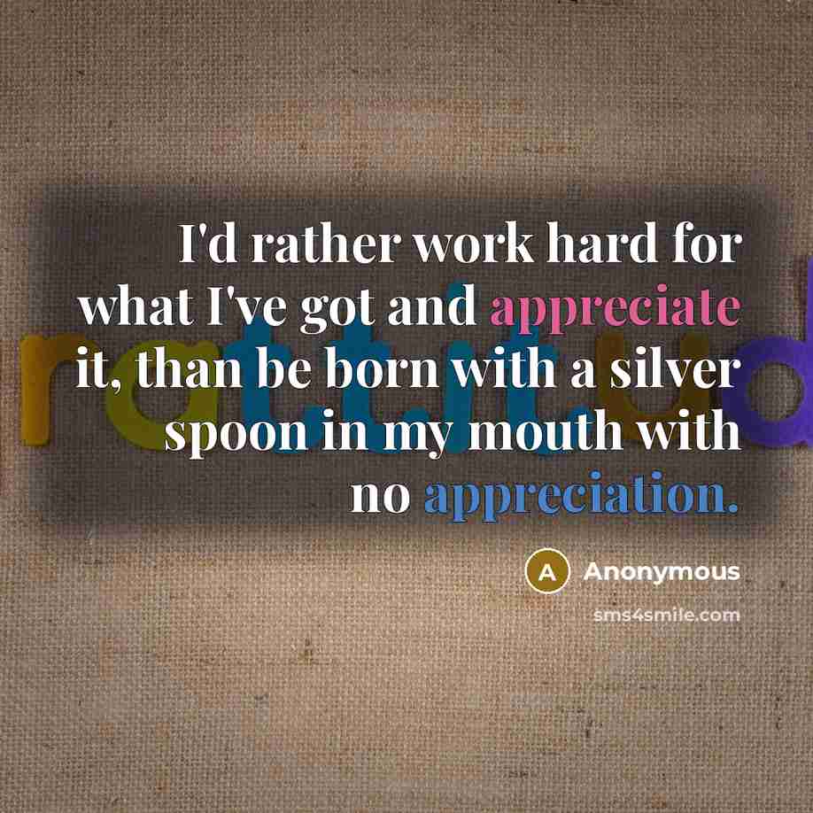 “I'd rather work hard for what I've got and appreciate it, than be born with a silver spoon in my mouth with no appreciation.” quote by Anonymous