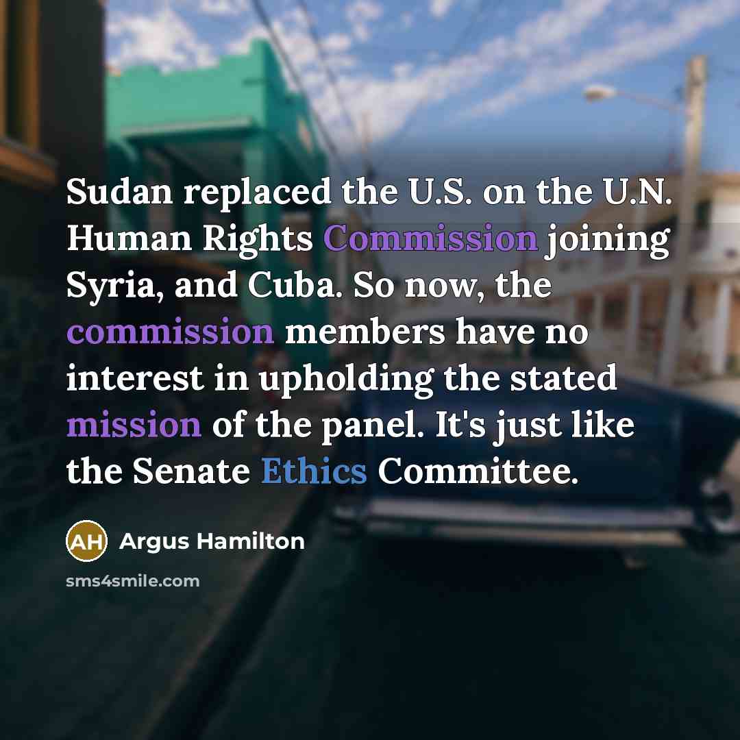 “Sudan replaced the U.S. on the U.N. Human Rights Commission joining Syria, and Cuba. So now, the commission members have no interest in upholding the stated mission of the panel. It's just like the Senate Ethics Committee.” quote by Argus Hamilton