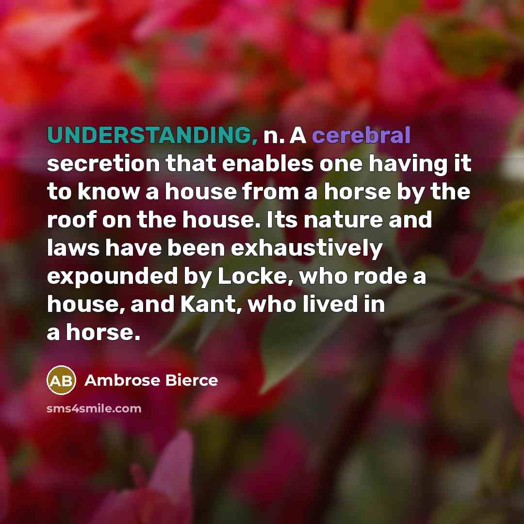 “UNDERSTANDING, n. A cerebral secretion that enables one having it to know a house from a horse by the roof on the house. Its nature and laws have been exhaustively expounded by Locke, who rode a house, and Kant, who lived in a horse.” quote by Ambrose Bierce