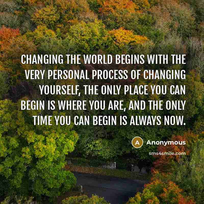 “Changing the world begins with the very personal process of changing yourself, the only place you can begin is where you are, and the only time you can begin is always now.” quote by Anonymous