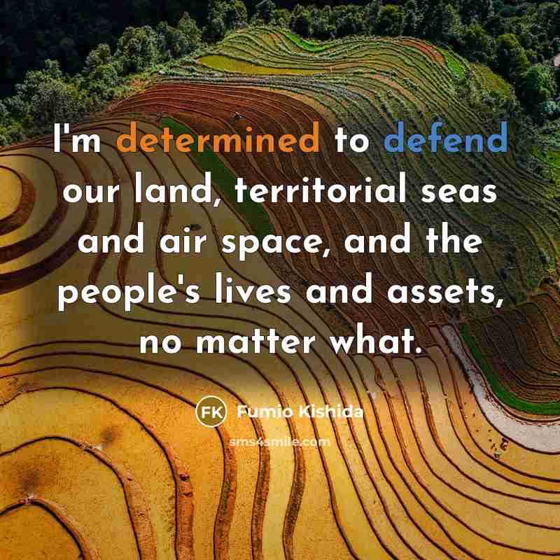 “I'm determined to defend our land, territorial seas and air space, and the people's lives and assets, no matter what.” quote by Fumio Kishida