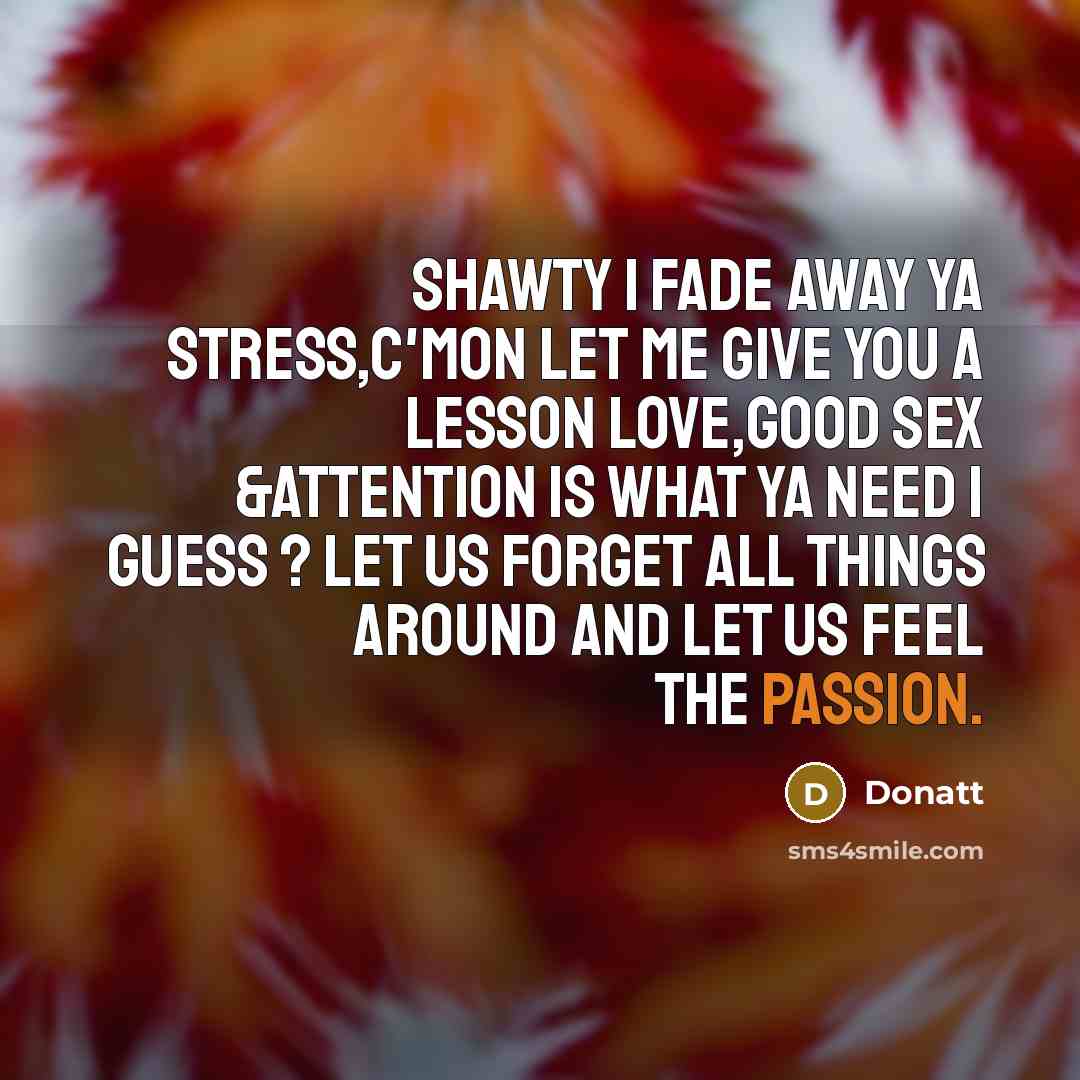 “Shawty I fade away ya stress,c'mon let me give you a lesson Love,Good Sex &attention is what ya need I guess ? Let us forget all things around and let us feel the passion.” quote by Donatt