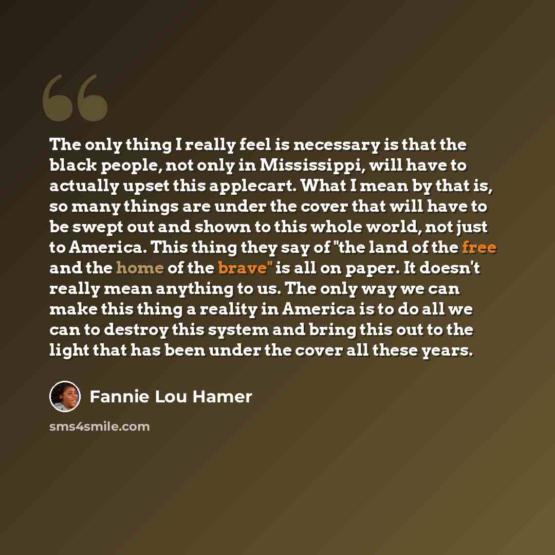 “The only thing I really feel is necessary is that the black people, not only in Mississippi, will have to actually upset this applecart. What I mean by that is, so many things are under the cover that will have to be swept out and shown to this whole world, not just to America. This thing they say…” quote by Fannie Lou Hamer