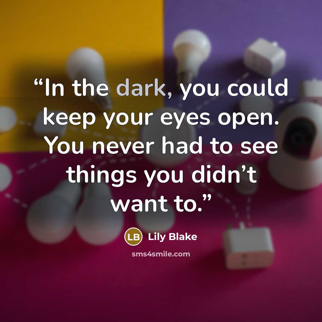 “In the dark, you could keep your eyes open. You never had to see things you didn’t want to.” quote by Lily Blake