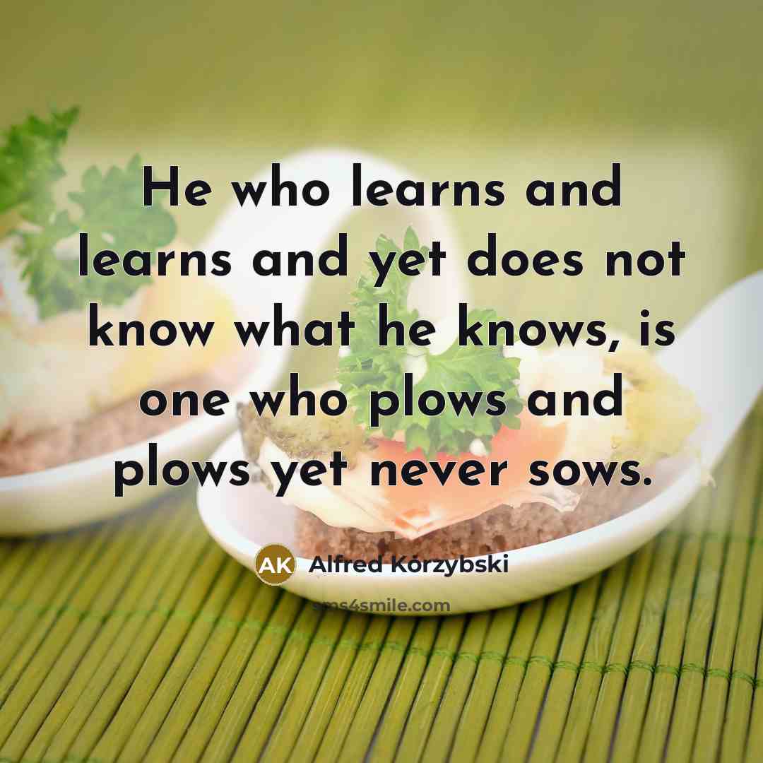“He who learns and learns and yet does not know what he knows, is one who plows and plows yet never sows.” quote by Alfred Korzybski