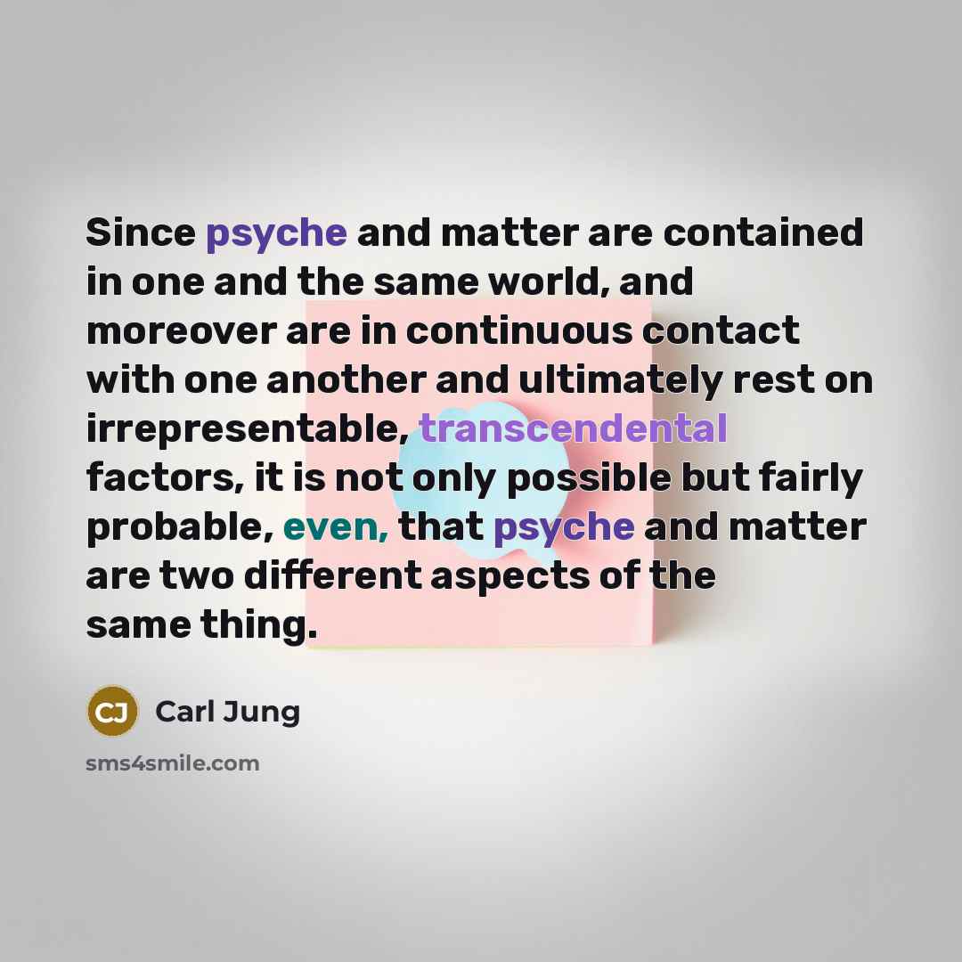 “Since psyche and matter are contained in one and the same world, and moreover are in continuous contact with one another and ultimately rest on irrepresentable, transcendental factors, it is not only possible but fairly probable, even, that psyche and matter are two different aspects of the same…” quote by Carl Jung