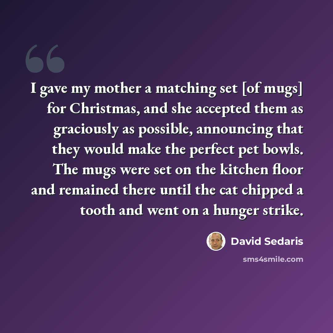 “I gave my mother a matching set [of mugs] for Christmas, and she accepted them as graciously as possible, announcing that they would make the perfect pet bowls. The mugs were set on the kitchen floor and remained there until the cat chipped a tooth and went on a hunger strike.” quote by David Sedaris