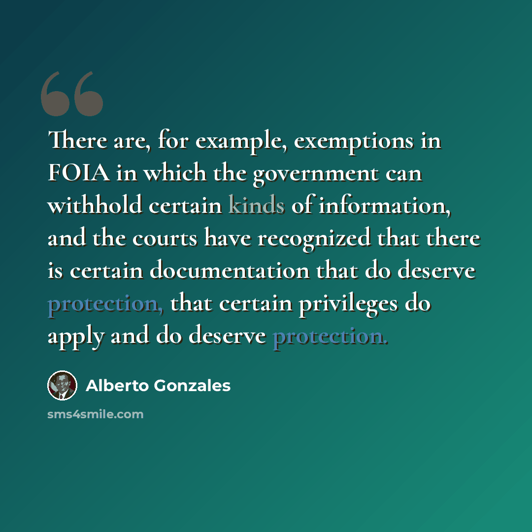 “There are, for example, exemptions in FOIA in which the government can withhold certain kinds of information, and the courts have recognized that there is certain documentation that do deserve protection, that certain privileges do apply and do deserve protection.” quote by Alberto Gonzales