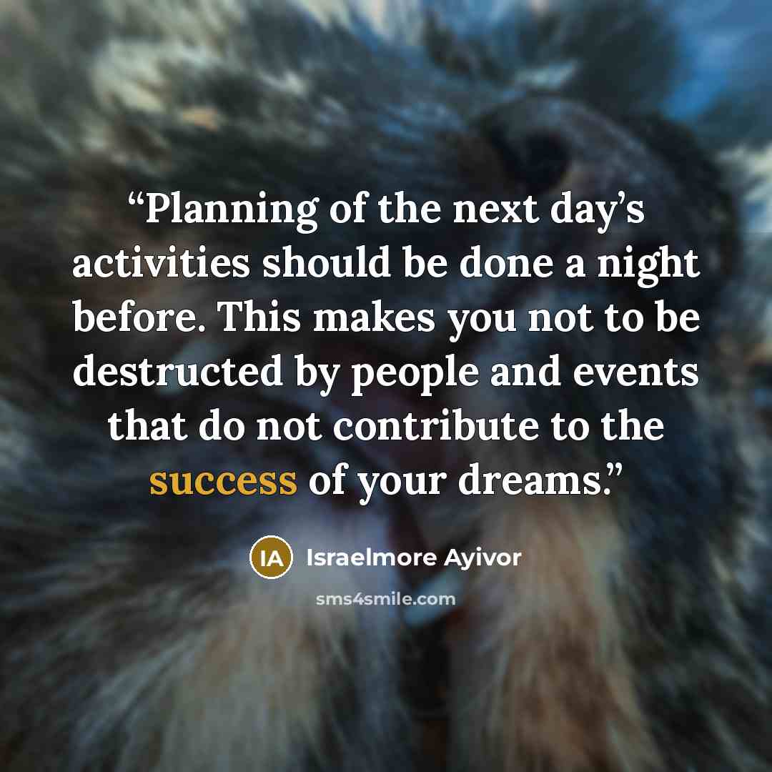 “Planning of the next day’s activities should be done a night before. This makes you not to be destructed by people and events that do not contribute to the success of your dreams.” quote by Israelmore Ayivor