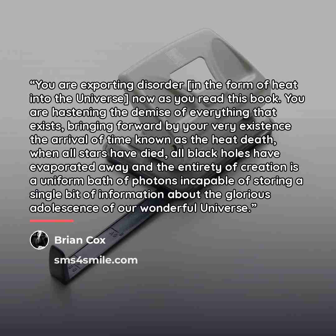“You are exporting disorder [in the form of heat into the Universe] now as you read this book. You are hastening the demise of everything that exists, bringing forward by your very existence the arrival of time known as the heat death, when all stars have died, all black holes have evaporated away…” quote by Brian Cox