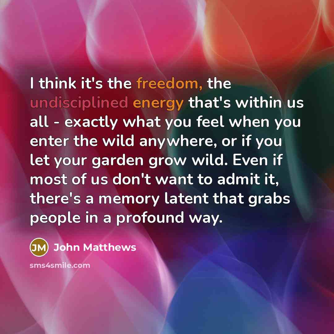 “I think it's the freedom, the undisciplined energy that's within us all - exactly what you feel when you enter the wild anywhere, or if you let your garden grow wild. Even if most of us don't want to admit it, there's a memory latent that grabs people in a profound way.” quote by John Matthews