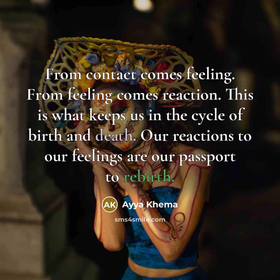 “From contact comes feeling. From feeling comes reaction. This is what keeps us in the cycle of birth and death. Our reactions to our feelings are our passport to rebirth.” quote by Ayya Khema