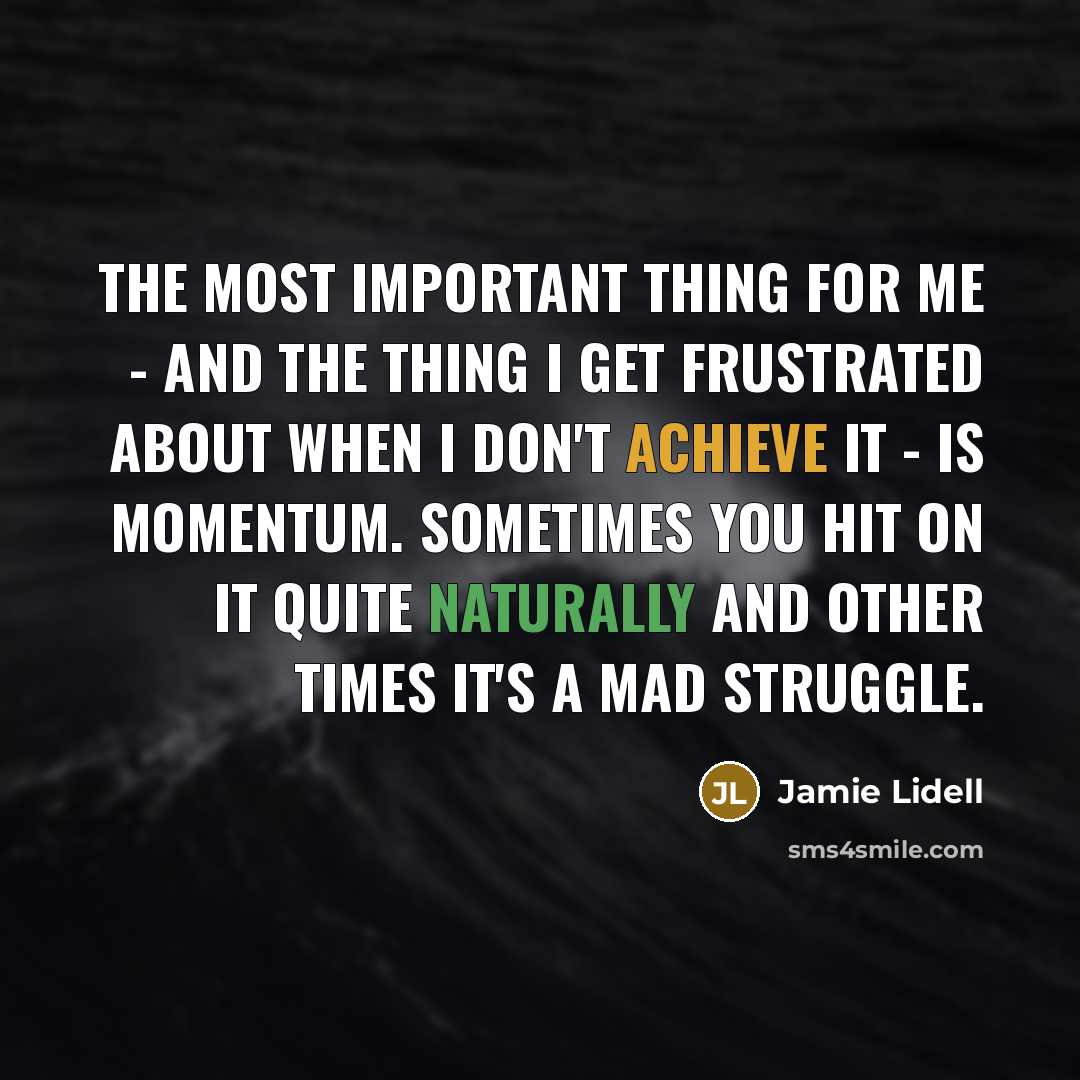 “The most important thing for me - and the thing I get frustrated about when I don't achieve it - is momentum. Sometimes you hit on it quite naturally and other times it's a mad struggle.” quote by Jamie Lidell