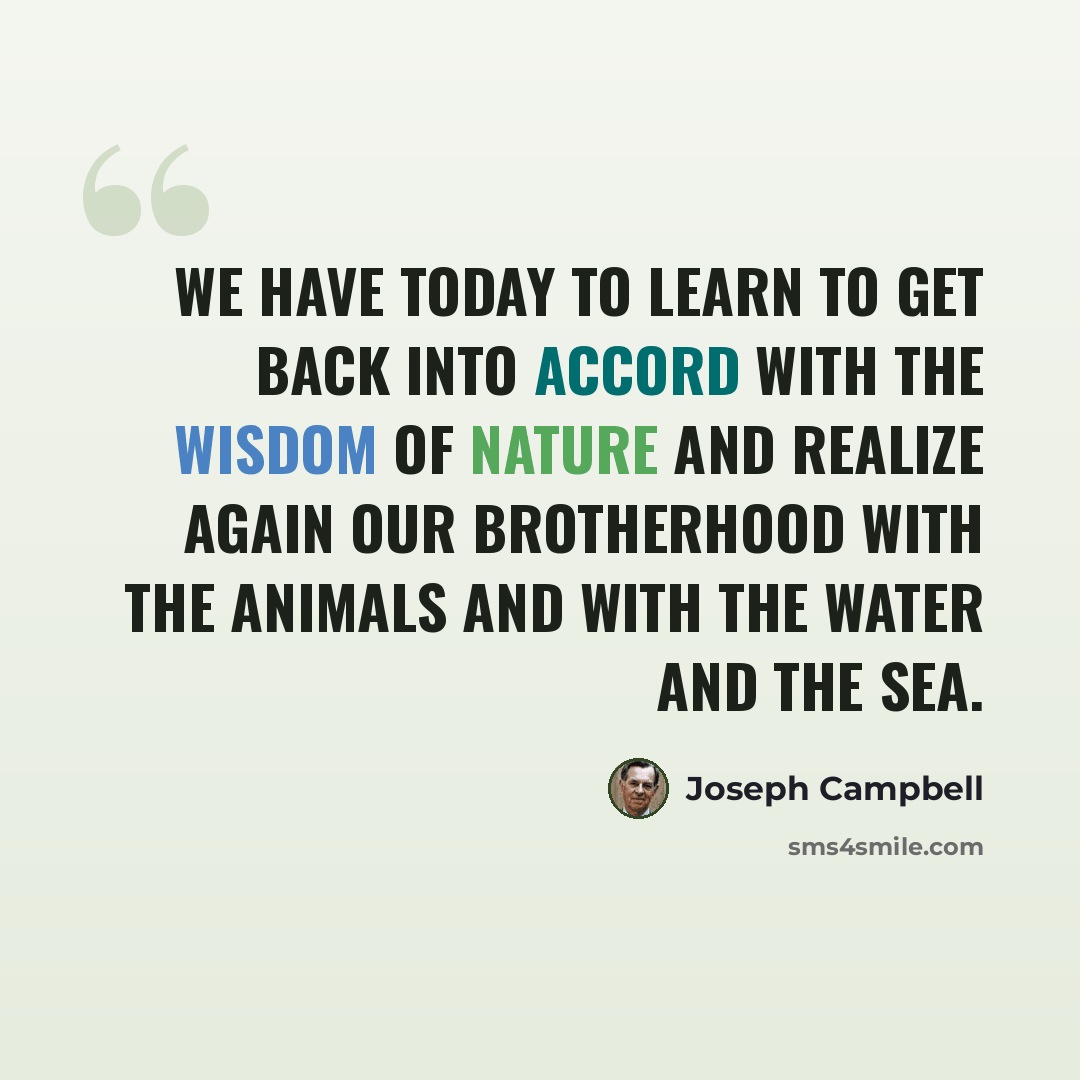 “We have today to learn to get back into accord with the wisdom of nature and realize again our brotherhood with the animals and with the water and the sea.” quote by Joseph Campbell
