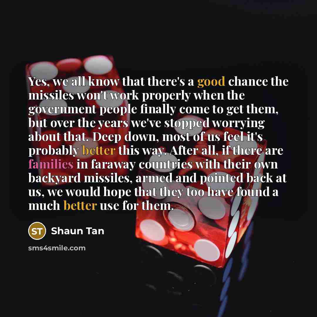 “Yes, we all know that there's a good chance the missiles won't work properly when the government people finally come to get them, but over the years we've stopped worrying about that. Deep down, most of us feel it's probably better this way. After all, if there are families in faraway countries…” quote by Shaun Tan