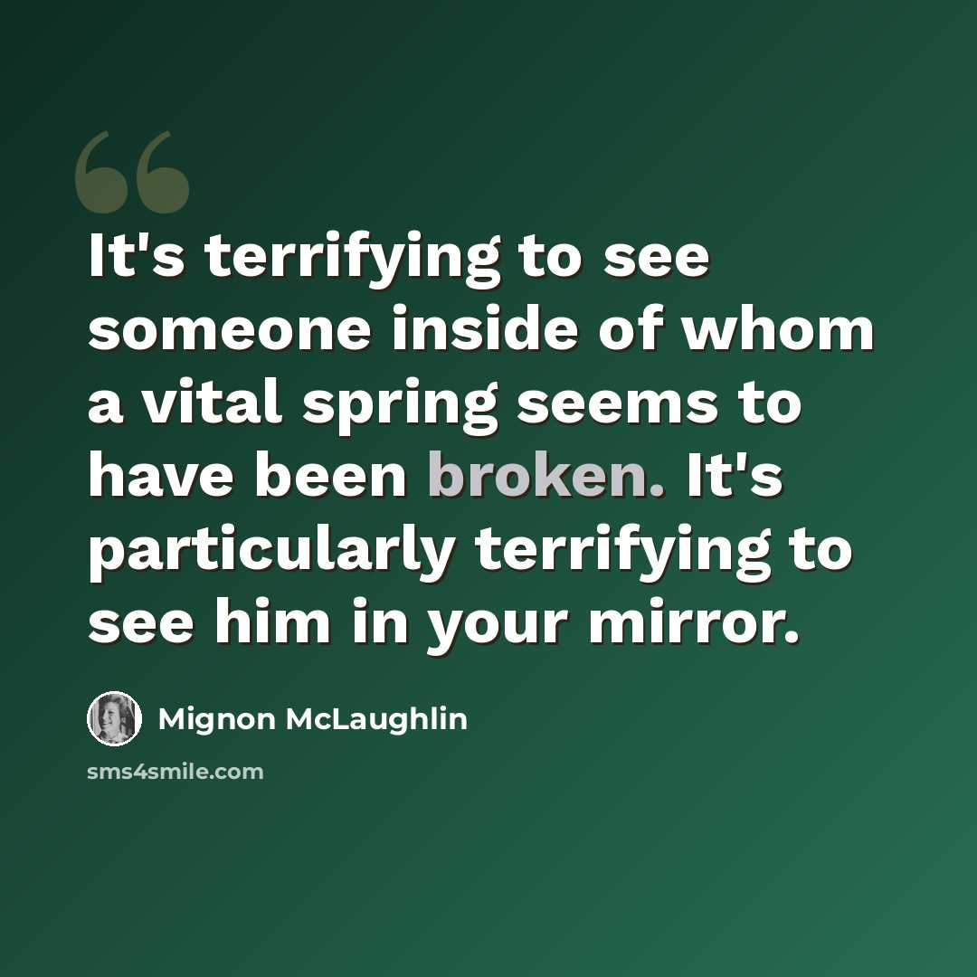 “It's terrifying to see someone inside of whom a vital spring seems to have been broken. It's particularly terrifying to see him in your mirror.” quote by Mignon McLaughlin