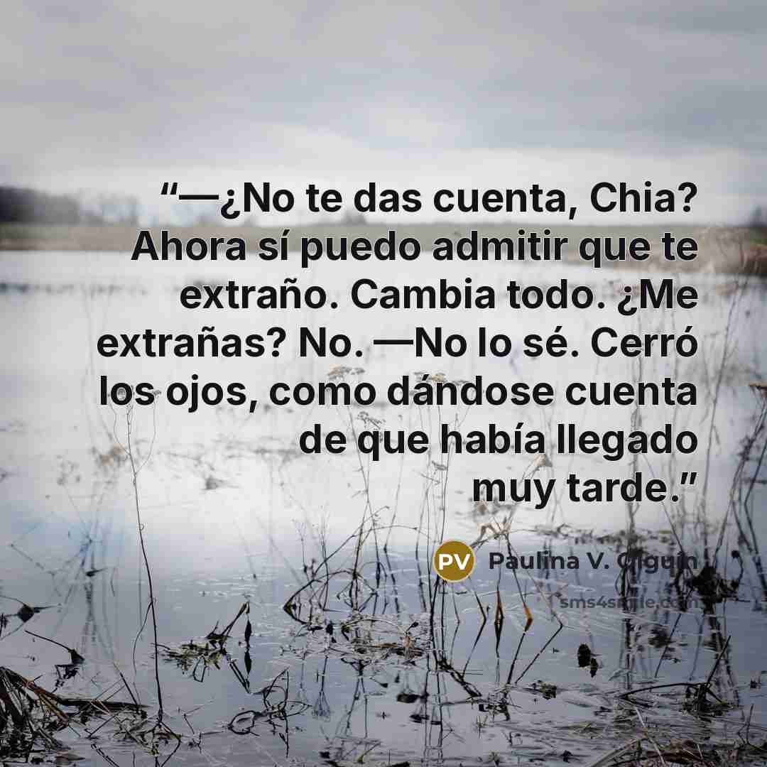 “—¿No te das cuenta, Chia? Ahora sí puedo admitir que te extraño. Cambia todo. ¿Me extrañas? No. —No lo sé. Cerró los ojos, como dándose cuenta de que había llegado muy tarde.” quote by Paulina V. Olguín