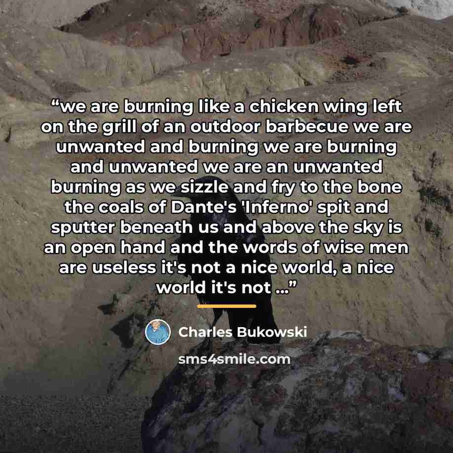 “we are burning like a chicken wing left on the grill of an outdoor barbecue we are unwanted and burning we are burning and unwanted we are an unwanted burning as we sizzle and fry to the bone the coals of Dante's 'Inferno' spit and sputter beneath us and above the sky is an open hand and the words…” quote by Charles Bukowski