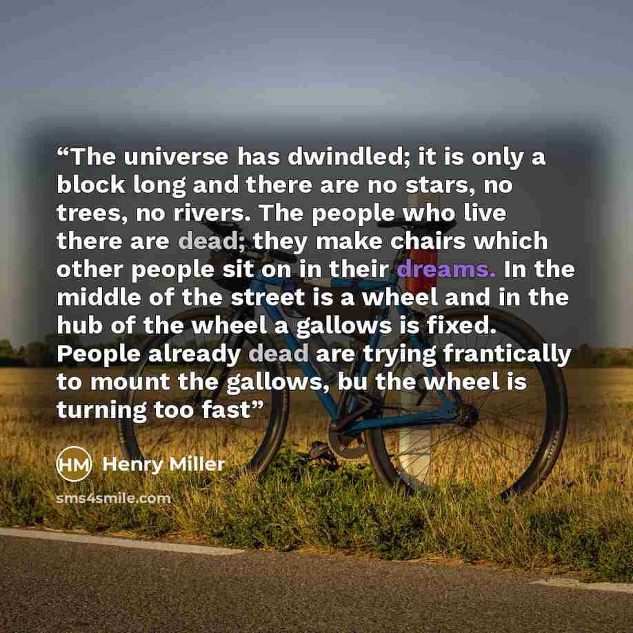 “The universe has dwindled; it is only a block long and there are no stars, no trees, no rivers. The people who live there are dead; they make chairs which other people sit on in their dreams. In the middle of the street is a wheel and in the hub of the wheel a gallows is fixed. People already dead…” quote by Henry Miller