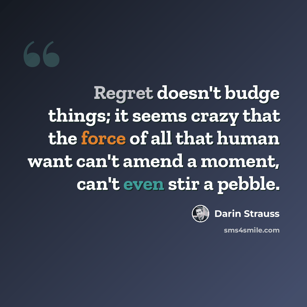“Regret doesn't budge things; it seems crazy that the force of all that human want can't amend a moment, can't even stir a pebble.” quote by Darin Strauss