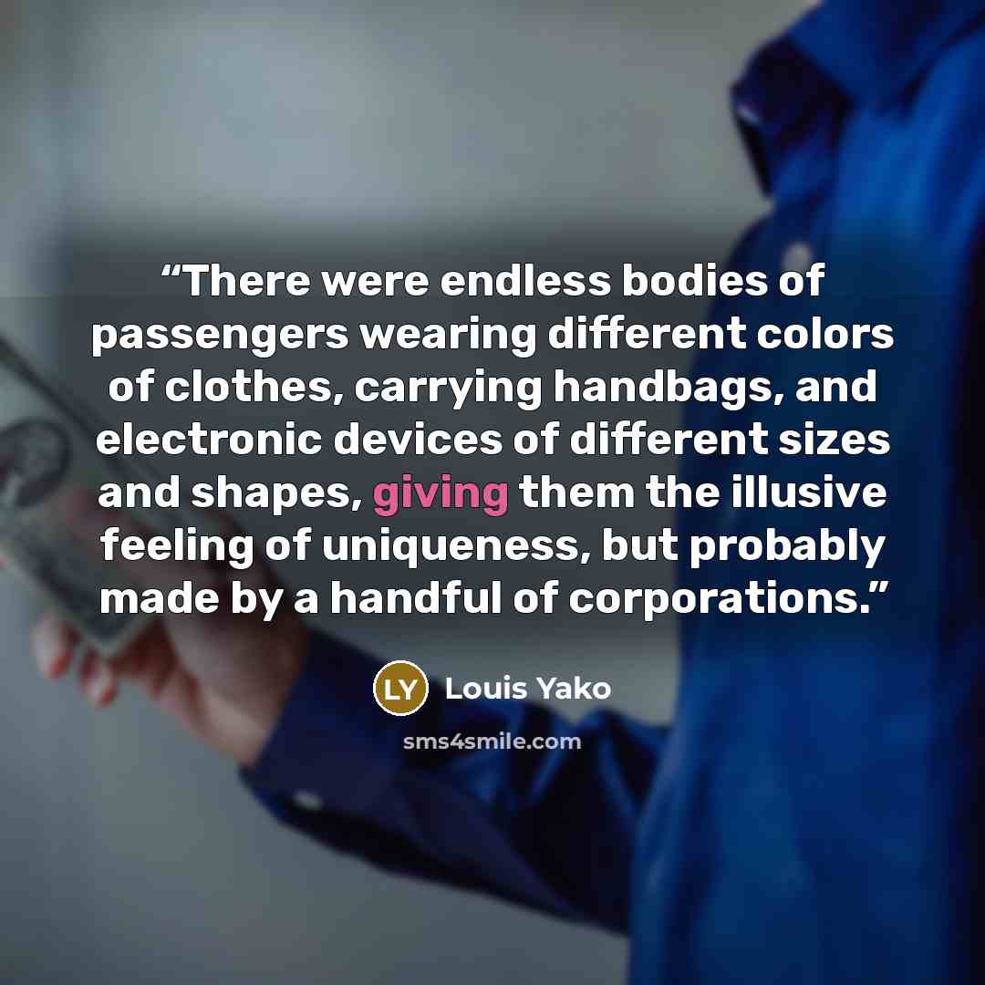 “There were endless bodies of passengers wearing different colors of clothes, carrying handbags, and electronic devices of different sizes and shapes, giving them the illusive feeling of uniqueness, but probably made by a handful of corporations.” quote by Louis Yako