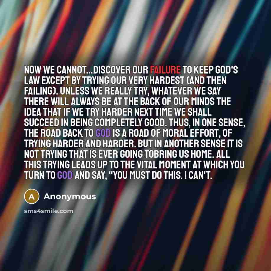 “Now we cannot...discover our failure to keep God's law except by trying our very hardest (and then failing). Unless we really try, whatever we say there will always be at the back of our minds the idea that if we try harder next time we shall succeed in being completely good. Thus, in one sense…” quote by Anonymous