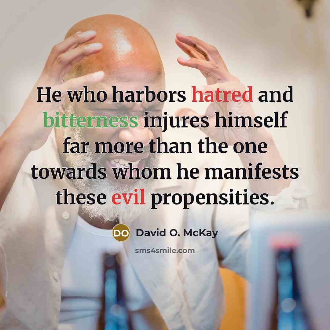 “He who harbors hatred and bitterness injures himself far more than the one towards whom he manifests these evil propensities.” quote by David O. McKay