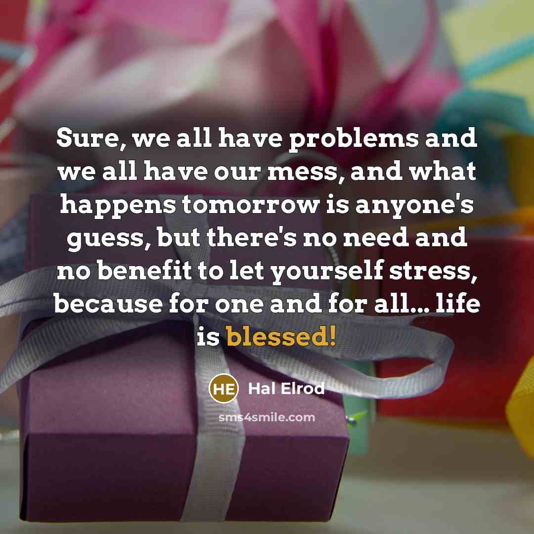 “Sure, we all have problems and we all have our mess, and what happens tomorrow is anyone's guess, but there's no need and no benefit to let yourself stress, because for one and for all... life is blessed!” quote by Hal Elrod