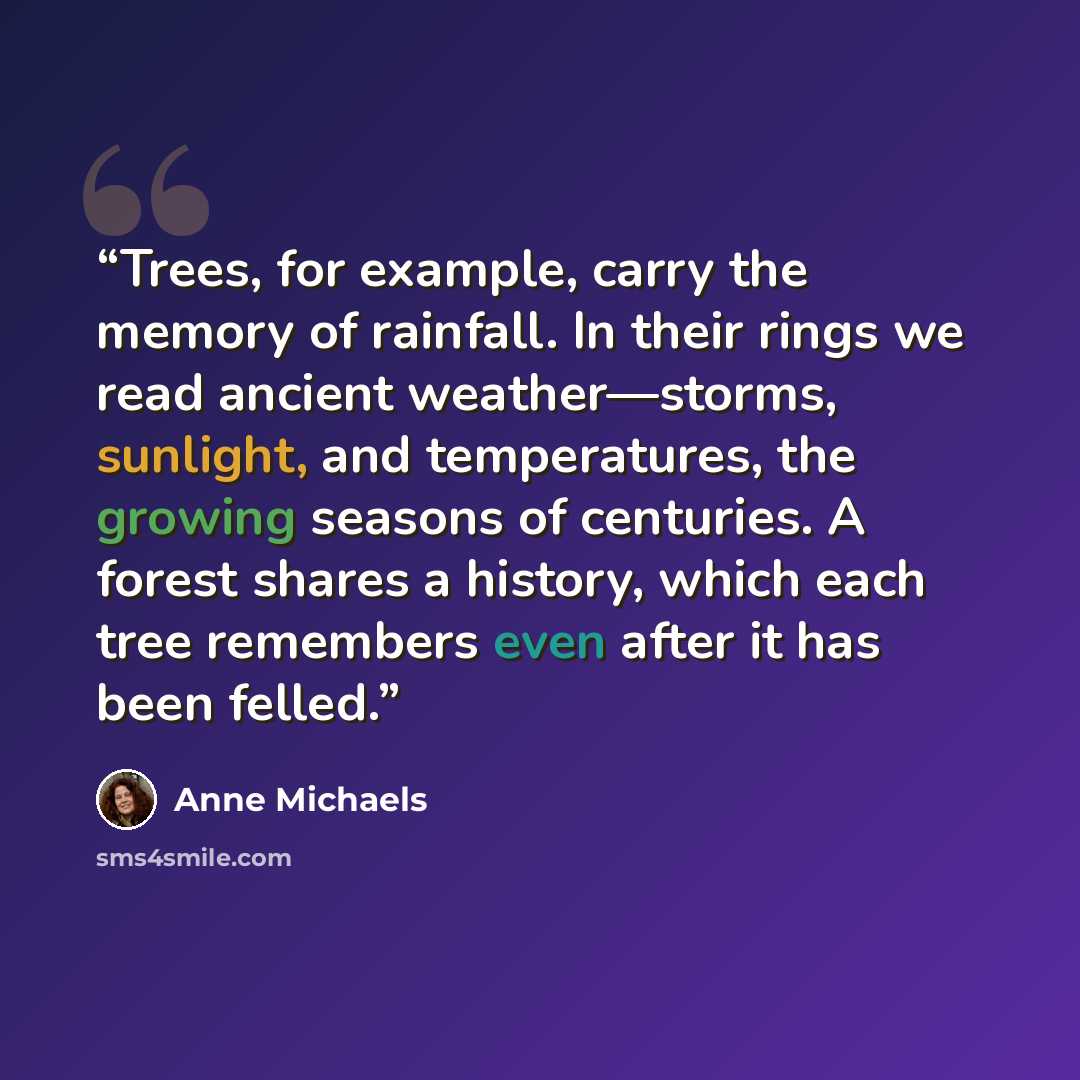 “Trees, for example, carry the memory of rainfall. In their rings we read ancient weather—storms, sunlight, and temperatures, the growing seasons of centuries. A forest shares a history, which each tree remembers even after it has been felled.” quote by Anne Michaels