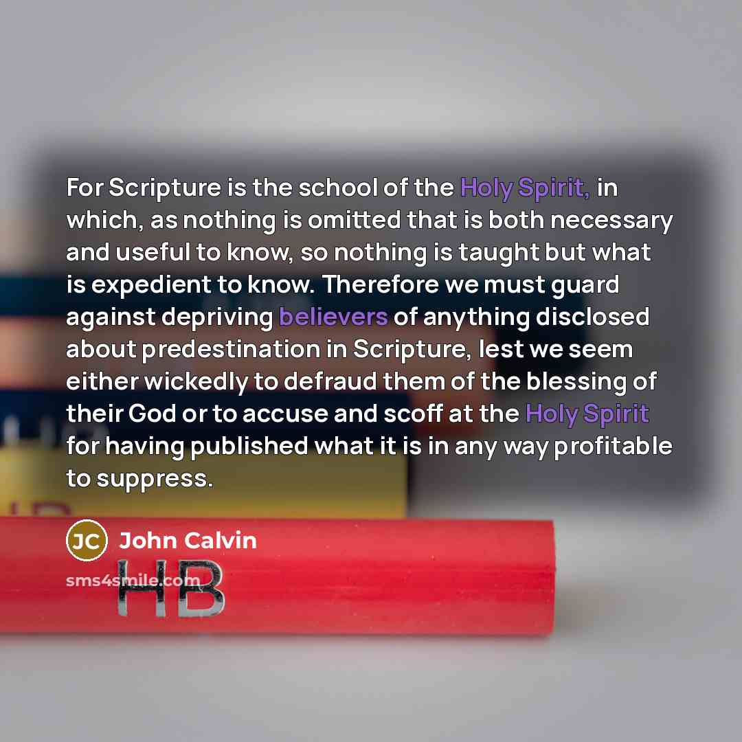 “For Scripture is the school of the Holy Spirit, in which, as nothing is omitted that is both necessary and useful to know, so nothing is taught but what is expedient to know. Therefore we must guard against depriving believers of anything disclosed about predestination in Scripture, lest we seem…” quote by John Calvin