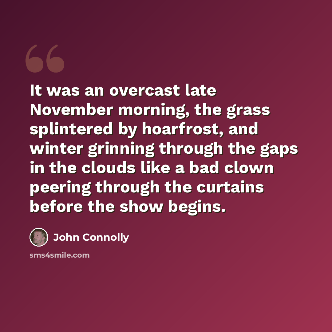 “It was an overcast late November morning, the grass splintered by hoarfrost, and winter grinning through the gaps in the clouds like a bad clown peering through the curtains before the show begins.” quote by John Connolly