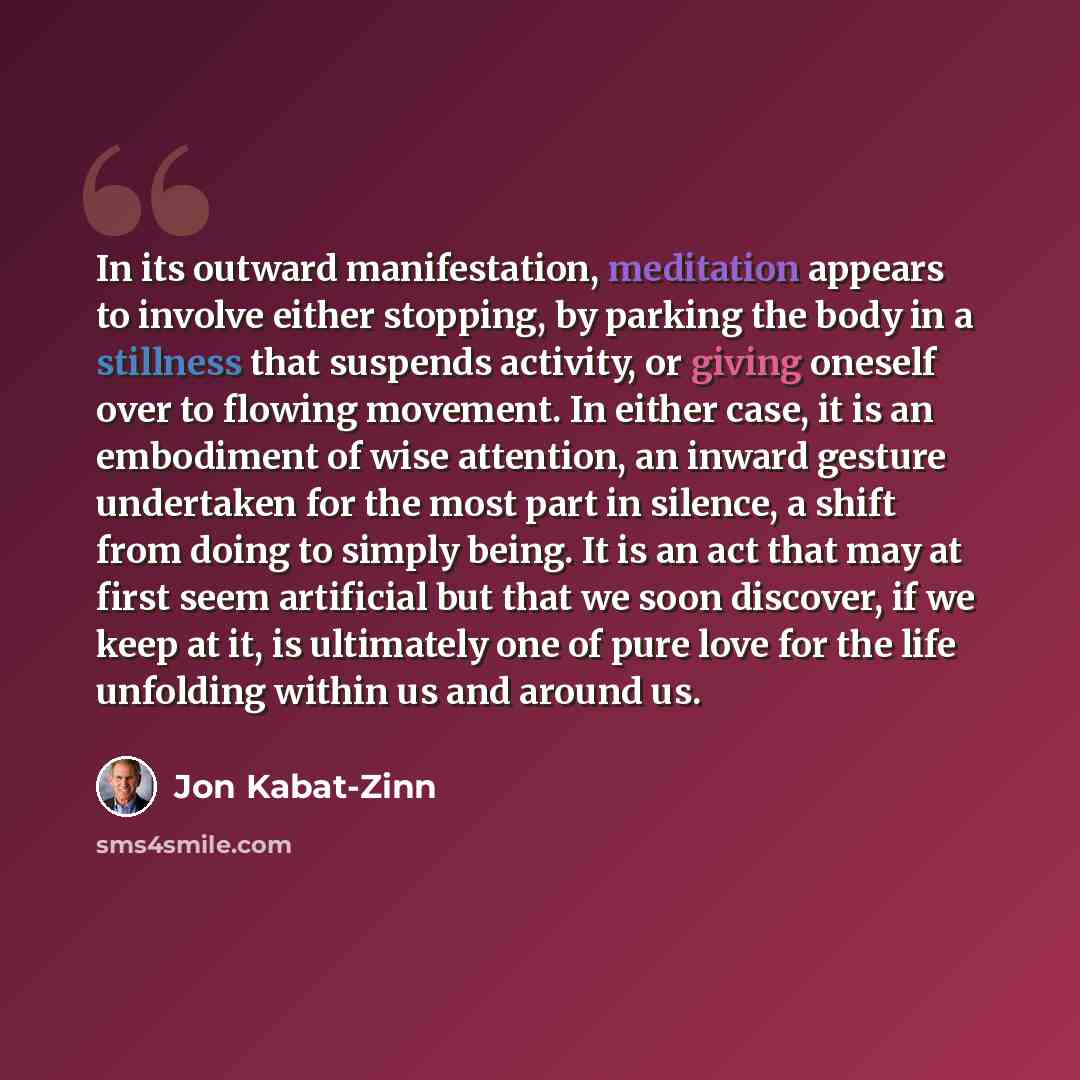 “In its outward manifestation, meditation appears to involve either stopping, by parking the body in a stillness that suspends activity, or giving oneself over to flowing movement. In either case, it is an embodiment of wise attention, an inward gesture undertaken for the most part in silence, a…” quote by Jon Kabat-Zinn