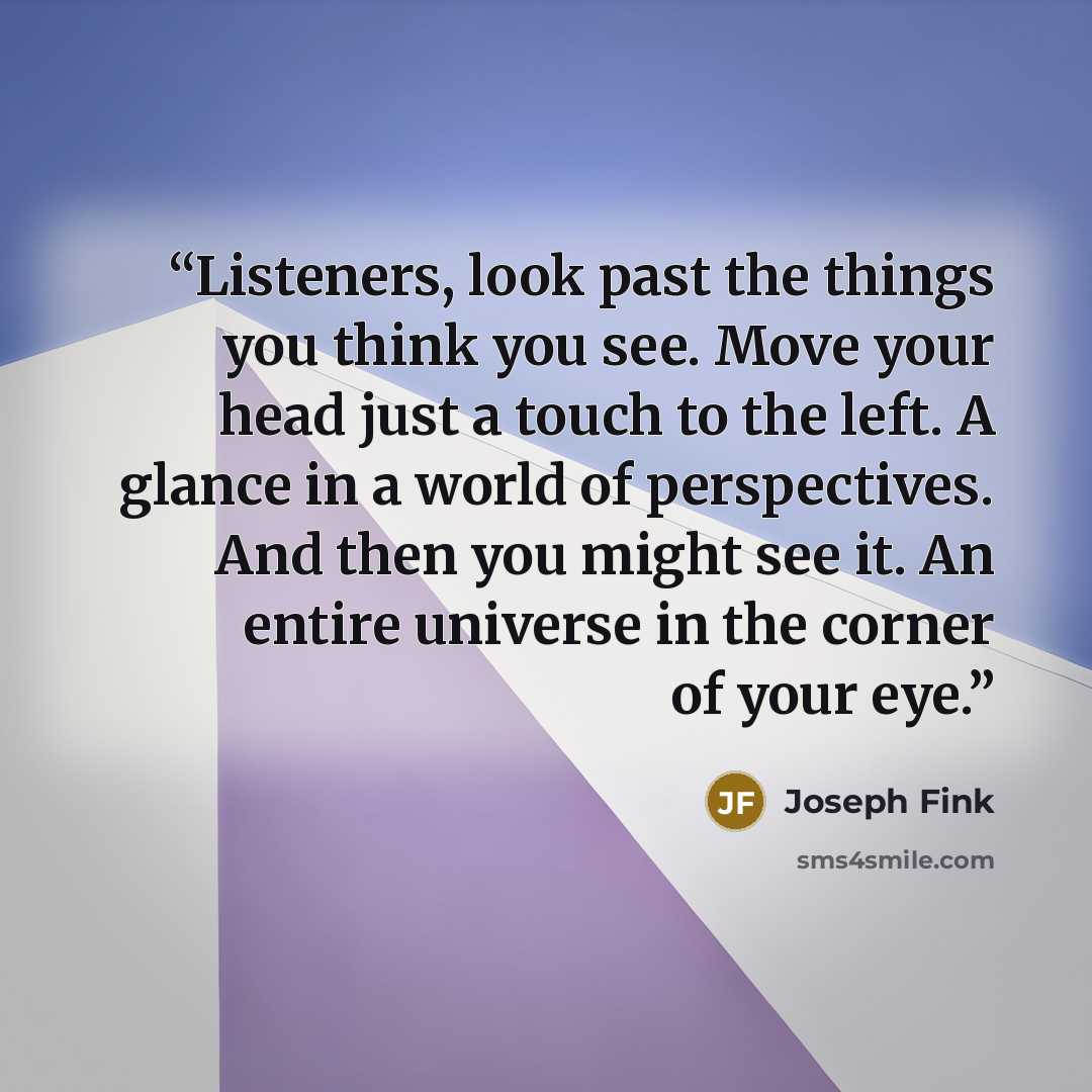 “Listeners, look past the things you think you see. Move your head just a touch to the left. A glance in a world of perspectives. And then you might see it. An entire universe in the corner of your eye.” quote by Joseph Fink