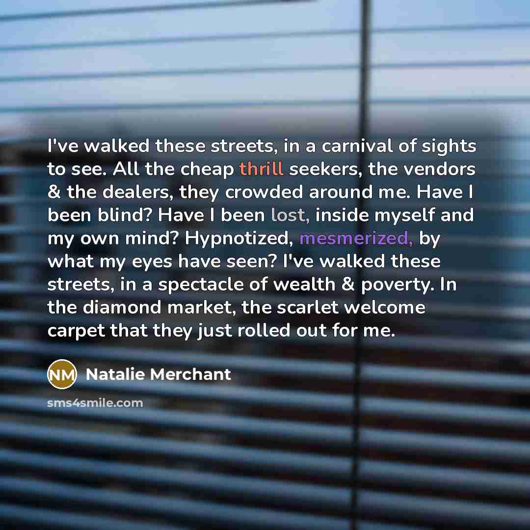 “I've walked these streets, in a carnival of sights to see. All the cheap thrill seekers, the vendors & the dealers, they crowded around me. Have I been blind? Have I been lost, inside myself and my own mind? Hypnotized, mesmerized, by what my eyes have seen? I've walked these streets, in a…” quote by Natalie Merchant