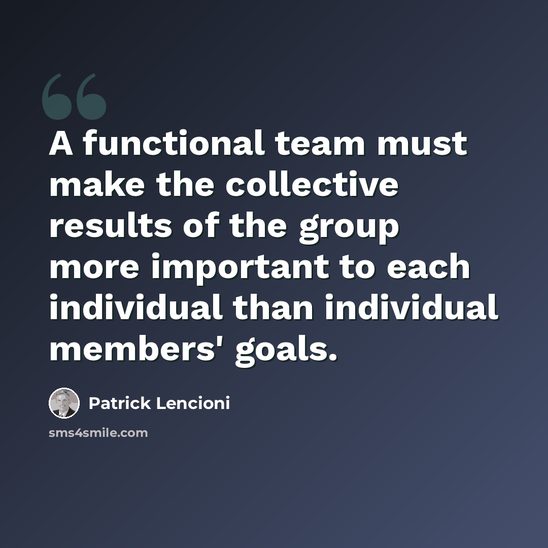 “A functional team must make the collective results of the group more important to each individual than individual members' goals.” quote by Patrick Lencioni
