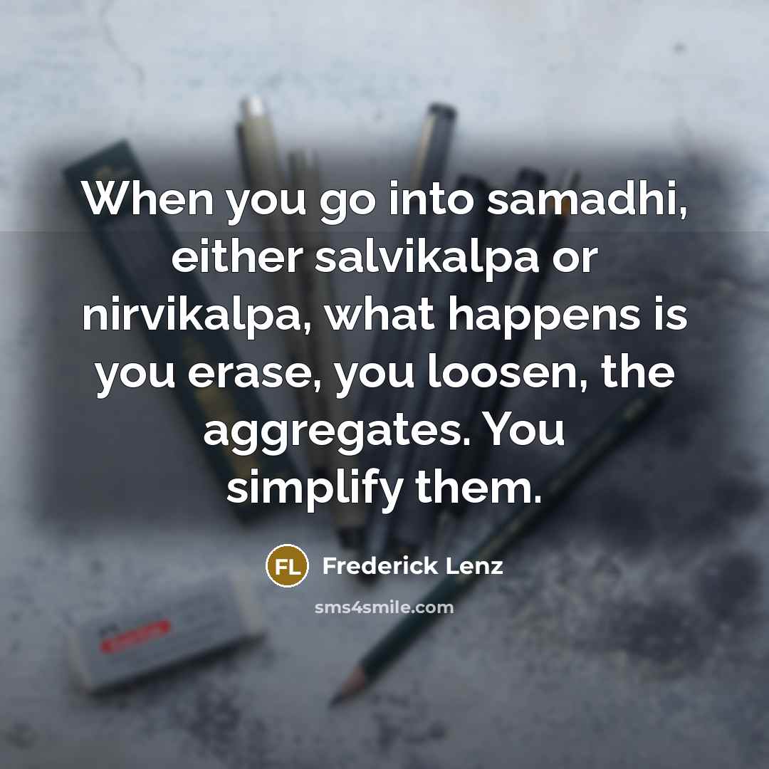 “When you go into samadhi, either salvikalpa or nirvikalpa, what happens is you erase, you loosen, the aggregates. You simplify them.” quote by Frederick Lenz