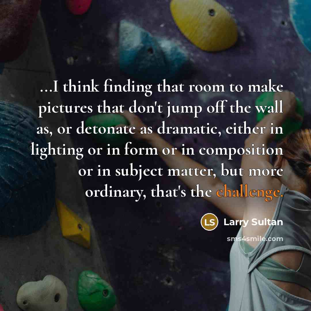 “...I think finding that room to make pictures that don't jump off the wall as, or detonate as dramatic, either in lighting or in form or in composition or in subject matter, but more ordinary, that's the challenge.” quote by Larry Sultan