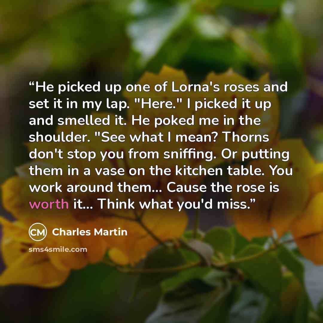 “He picked up one of Lorna's roses and set it in my lap. "Here." I picked it up and smelled it. He poked me in the shoulder. "See what I mean? Thorns don't stop you from sniffing. Or putting them in a vase on the kitchen table. You work around them… Cause the rose is worth it... Think what you'd…” quote by Charles Martin