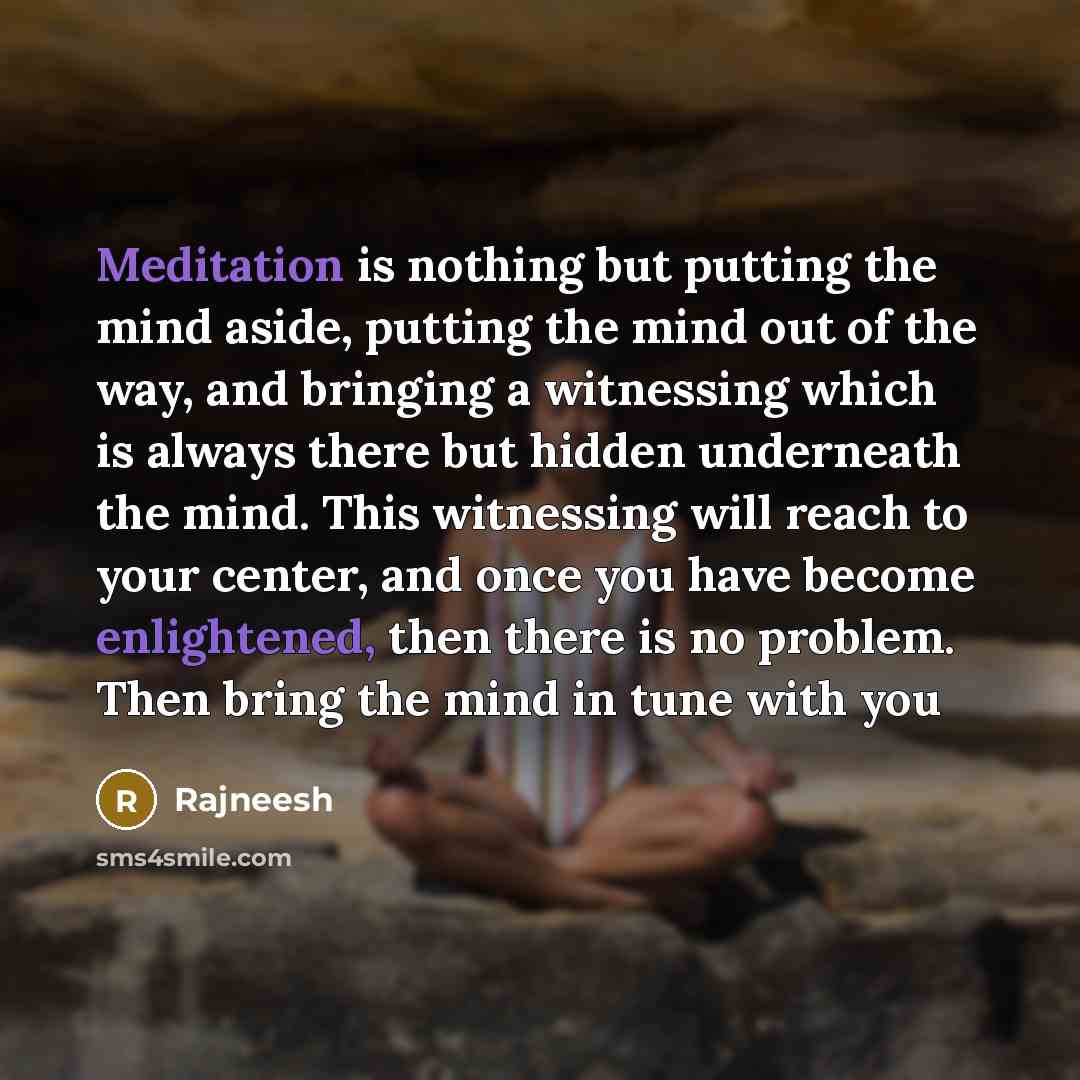 “Meditation is nothing but putting the mind aside, putting the mind out of the way, and bringing a witnessing which is always there but hidden underneath the mind. This witnessing will reach to your center, and once you have become enlightened, then there is no problem. Then bring the mind in tune…” quote by Rajneesh