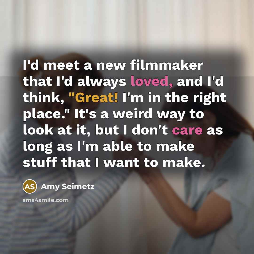 “I'd meet a new filmmaker that I'd always loved, and I'd think, "Great! I'm in the right place." It's a weird way to look at it, but I don't care as long as I'm able to make stuff that I want to make.” quote by Amy Seimetz