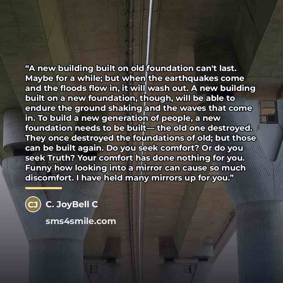 “A new building built on old foundation can't last. Maybe for a while; but when the earthquakes come and the floods flow in, it will wash out. A new building built on a new foundation, though, will be able to endure the ground shaking and the waves that come in. To build a new generation of people…” quote by C. JoyBell C