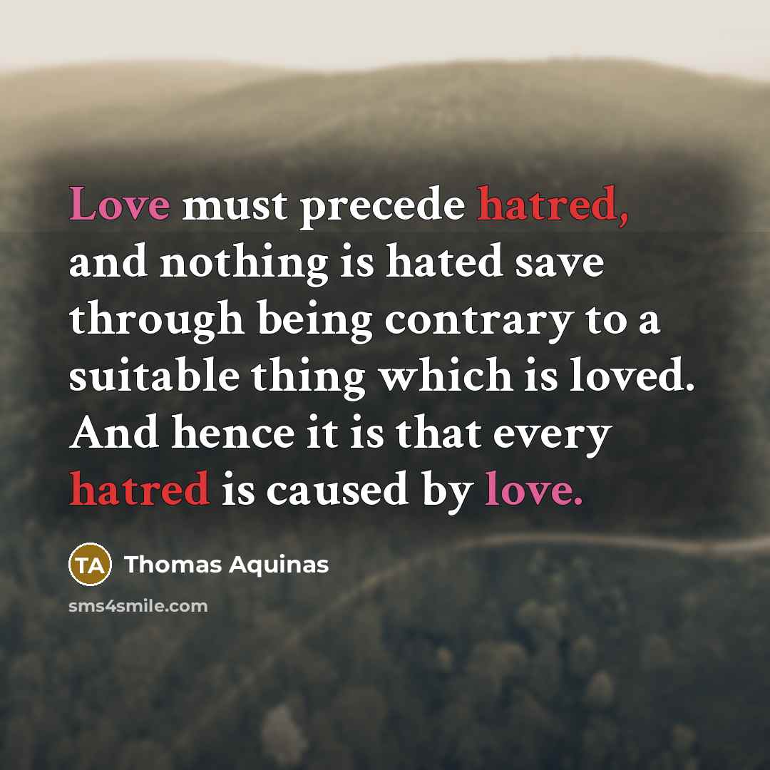 “Love must precede hatred, and nothing is hated save through being contrary to a suitable thing which is loved. And hence it is that every hatred is caused by love.” quote by Thomas Aquinas
