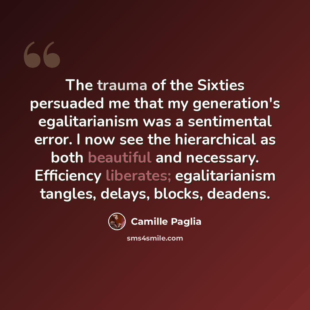 “The trauma of the Sixties persuaded me that my generation's egalitarianism was a sentimental error. I now see the hierarchical as both beautiful and necessary. Efficiency liberates; egalitarianism tangles, delays, blocks, deadens.” quote by Camille Paglia