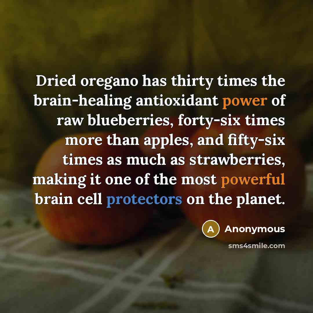 “Dried oregano has thirty times the brain-healing antioxidant power of raw blueberries, forty-six times more than apples, and fifty-six times as much as strawberries, making it one of the most powerful brain cell protectors on the planet.” quote by Anonymous