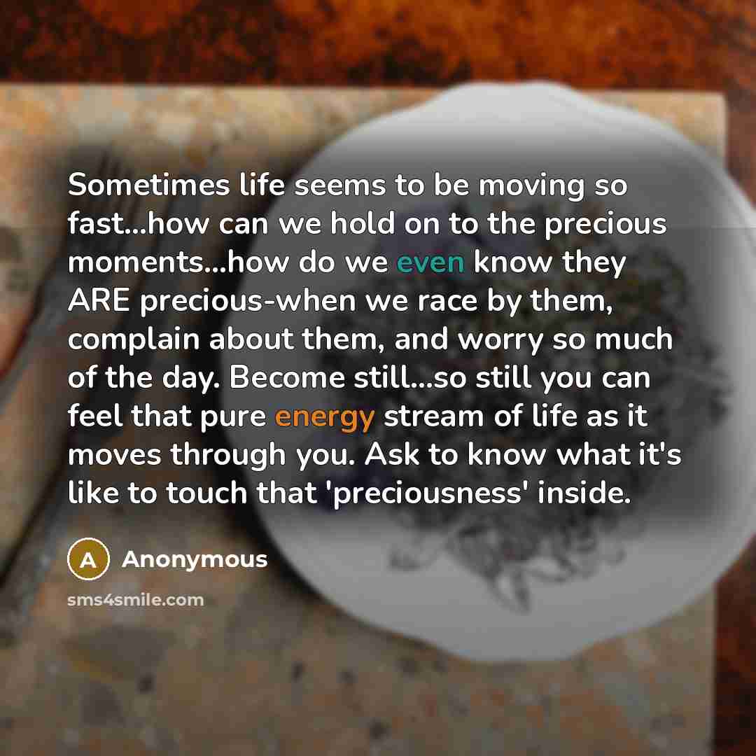 “Sometimes life seems to be moving so fast...how can we hold on to the precious moments...how do we even know they ARE precious-when we race by them, complain about them, and worry so much of the day. Become still...so still you can feel that pure energy stream of life as it moves through you. Ask…” quote by Anonymous