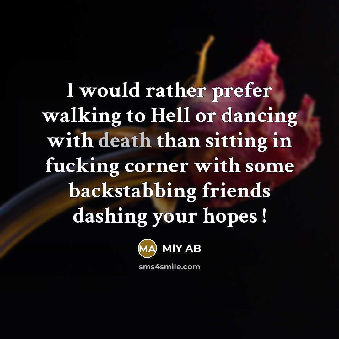 “I would rather prefer walking to Hell or dancing with death than sitting in fucking corner with some backstabbing friends dashing your hopes !” quote by MlY AB