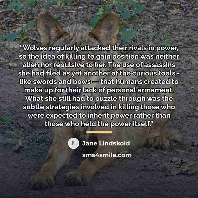 “Wolves regularly attacked their rivals in power, so the idea of killing to gain position was neither alien nor repulsive to her. The use of assassins she had filed as yet another of the curious tools - like swords and bows — that humans created to make up for their lack of personal armament. What…” quote by Jane Lindskold