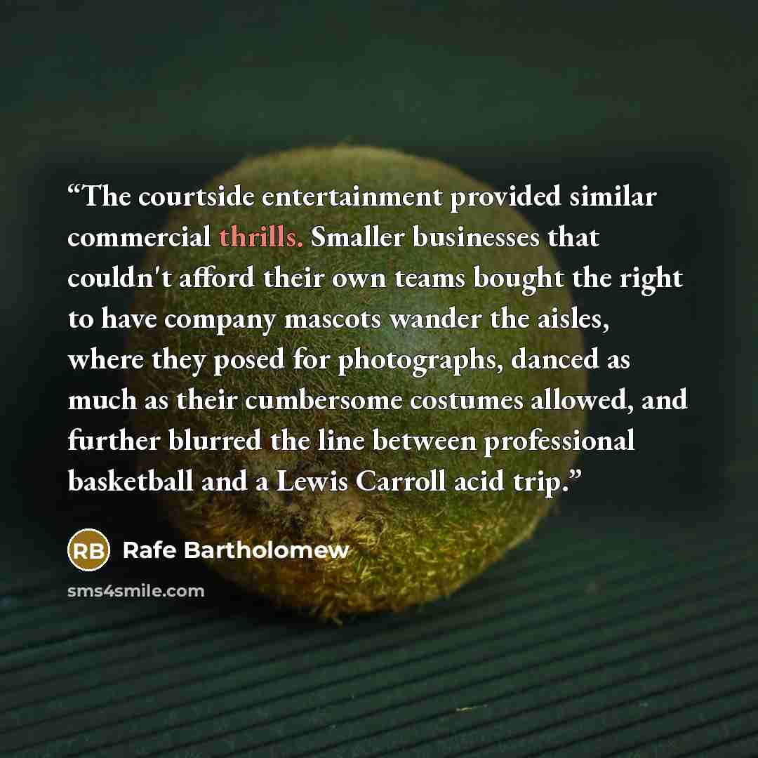 “The courtside entertainment provided similar commercial thrills. Smaller businesses that couldn't afford their own teams bought the right to have company mascots wander the aisles, where they posed for photographs, danced as much as their cumbersome costumes allowed, and further blurred the line…” quote by Rafe Bartholomew